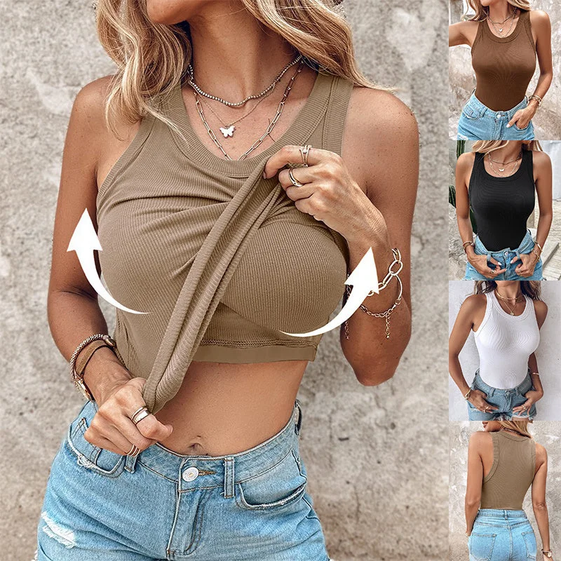 Round Neck Vest With Bra Summer Solid Color Bottom Sleeveless Top Womens Clothing Seamless Bra Design