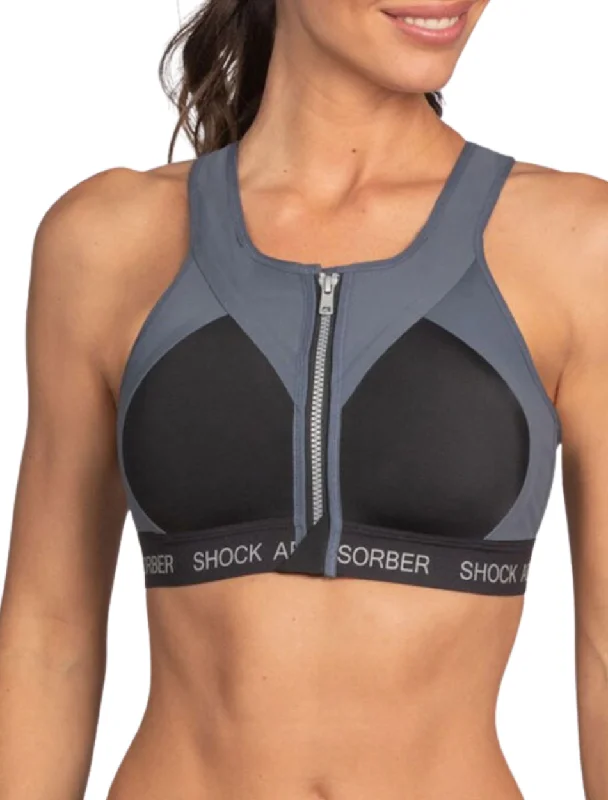 Shock Absorber Infinity Power Bra, Black & Silver | Black Non Wired Sports Bras | Zip Front Sports Bras Comfortable Bralette Style