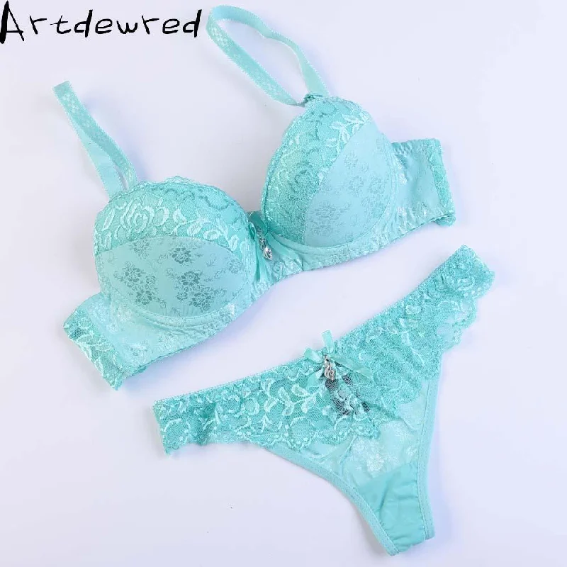 Women's Lingerie Padded Lace Push Up Bra And Lace low Rise Thongs Set Push-Up Bra Set