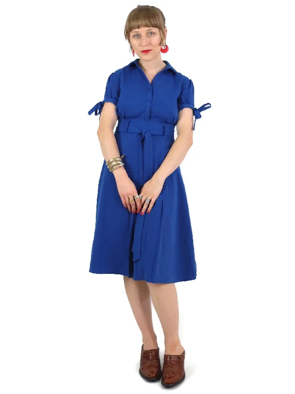 80s does 50s Pinup Style Puff Short Sleeve Bright Blue Fit and Flare Collared Circle Midi Dress with Ties Stylish Wraparound Midi Dress