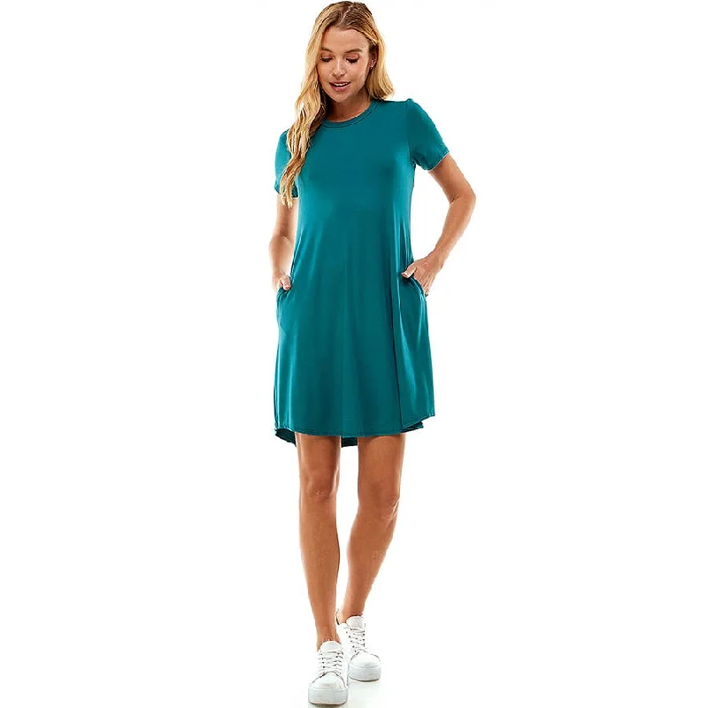 Crew Neck Short Sleeve Pockets Mini Dress in Emerald Comfortable Boho Mini Dress