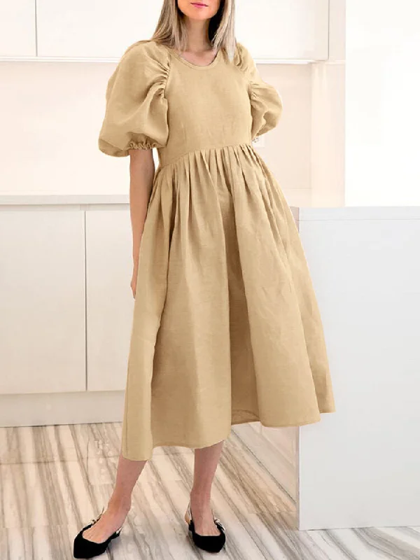 Back Zipper Pleated Puff Sleeve O-neck Ed Pockets Women Midi Dress Elegant Floral Appliqué Midi Dress