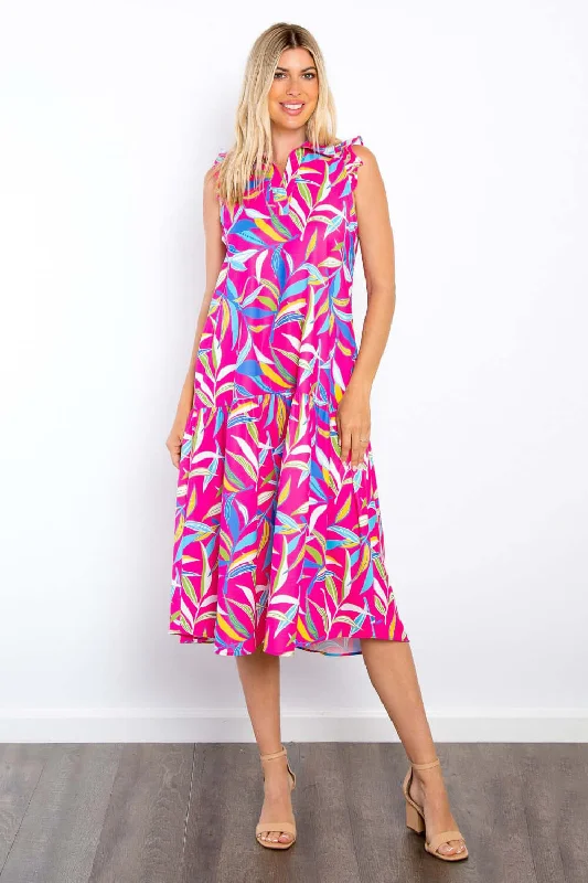 Print Ruffled Midi Dress Comfortable Fit-and-Flare Midi Dress