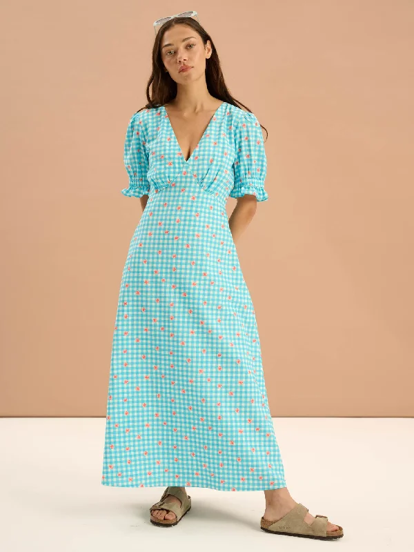 Beverley Floral Gingham Printed Frill Cuff Midi Dress in Blue Stylish Button-Up Midi Dress