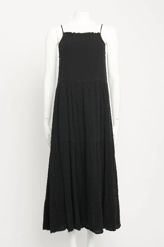 Black Cotton Preowned Tiered Midi Dress Cozy Spaghetti Strap Midi Dress