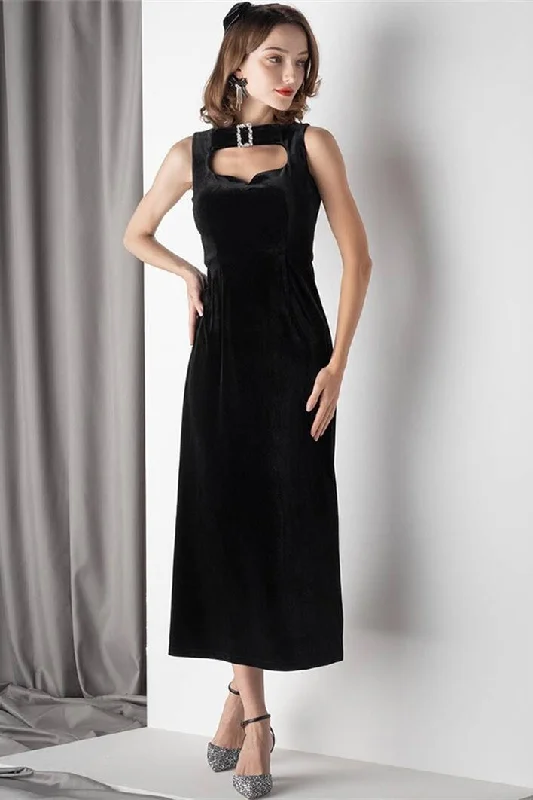 Black Velvet Midi Dress Trendy Midi Dress with Belt