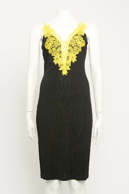 Black Viscose Preowned V-Neck Lace Embroidered Midi Dress Comfortable Sleeveless Midi Dress