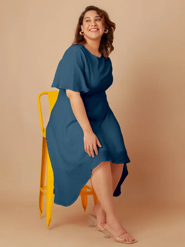 Blue Solid Flared Midi Dress Trendy Mock Neck Midi Dress