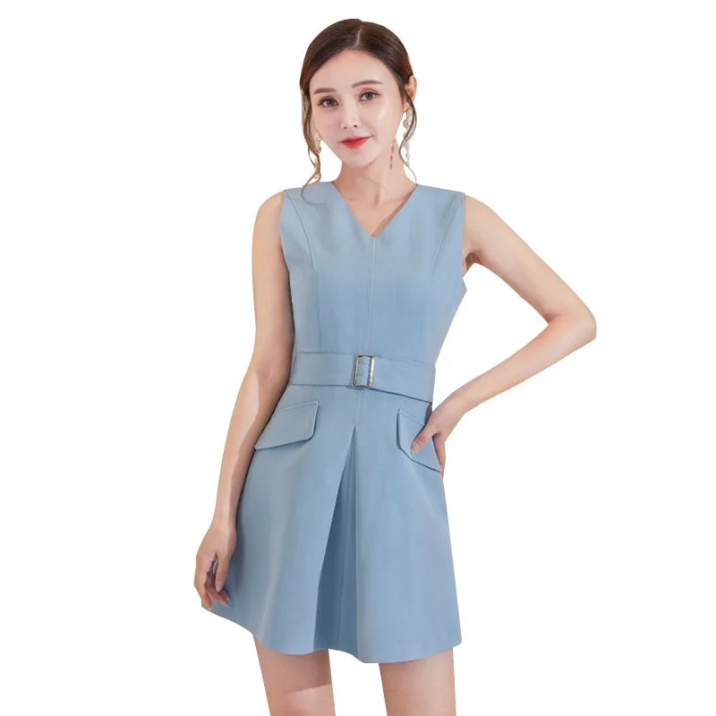 Blue V-neck Sleeveless Belt Casual Mini Dress Trendy Denim Mini Dress