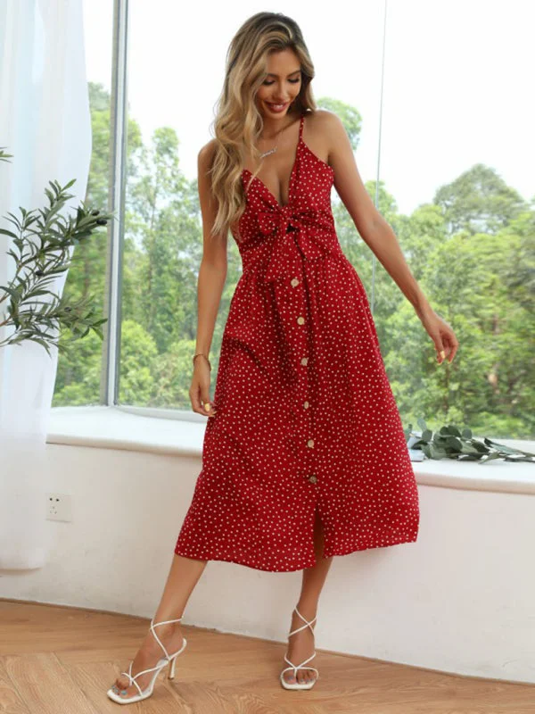 Blue Zone Planet | Polka-dot lace-up bow A-line Spaghetti Strap Midi dress Stylish High-Waisted Midi Dress Blue Zone Planet | Polka-dot lace-up bow A-line Spaghetti Strap Midi dress Stylish High-Waisted Midi Dress