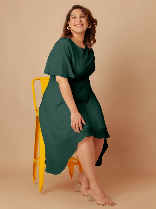 Bottle Green Solid Flared Midi Dress Stylish Silk Midi Dress