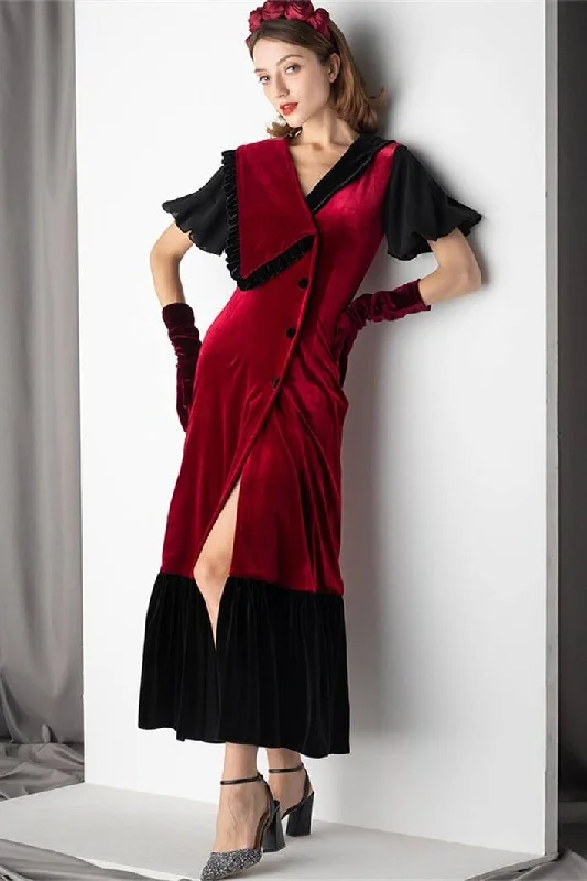 Burgundy and Black Velvet Midi Dress Fashionable Off-Shoulder Dress Midi