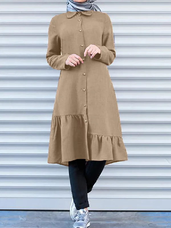 Button Front Irregular Ruffle Hem Long Sleeve Shirt Women Midi Dress Chic Off-Shoulder Midi Dress