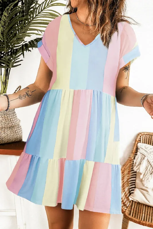 Color Block V-Neck Short Sleeve Mini Dress Trendy Denim Mini Dress