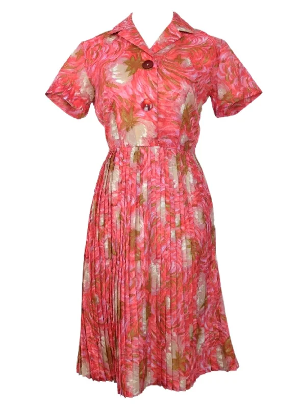 Vintage 60s Mod Chic Bright Pink Floral Short Sleeve Collared Button Down Fit & Flare Pleated A-Line Midi Dress | Size S-M Trendy Ruffled Sleeve Midi Dress