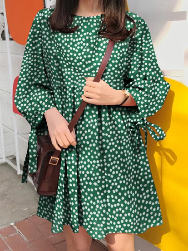 Cotton Polka Dot Pleat Round Neck Loose Casual Women Midi Dress Stylish Button-Down Midi Dress