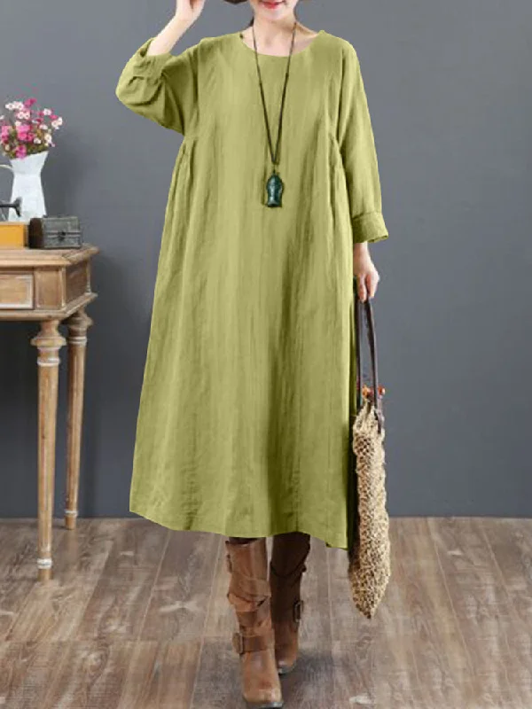 Cotton Solid Tie Back Round Neck Long Sleeve Casual Women Midi Dress Comfortable Knitwear Midi Dress