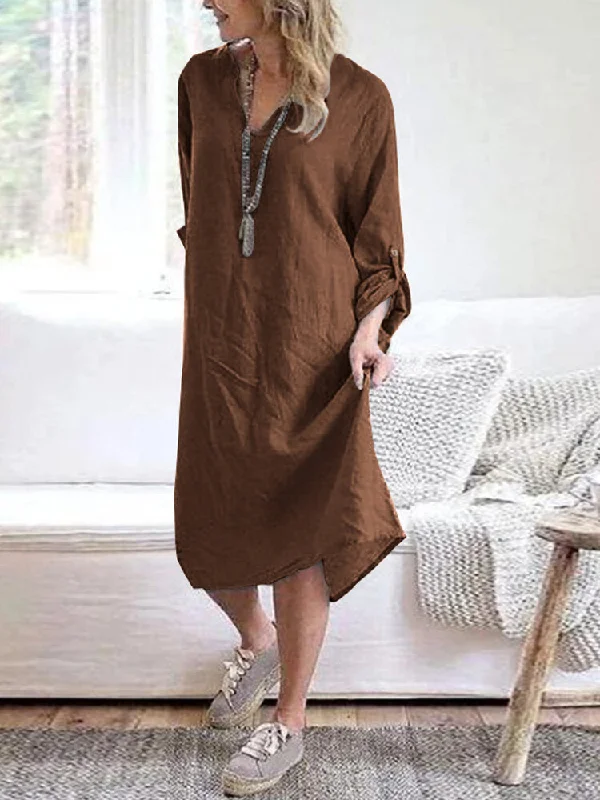 Cotton Solid V-neck Long Sleeve Loose Midi Shirt Women Midi Dress Comfortable Geometric Print Midi Dress