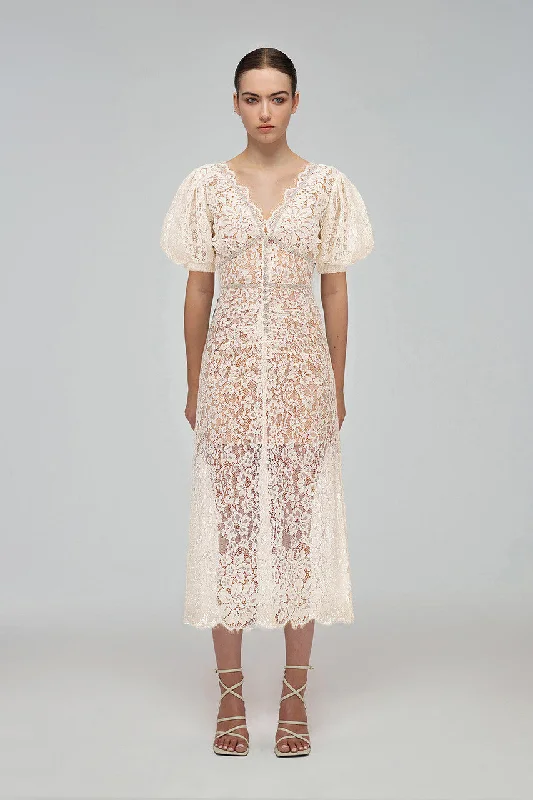 Cream Fine Corded Lace Midi Dress Trendy Boho Midi Dress