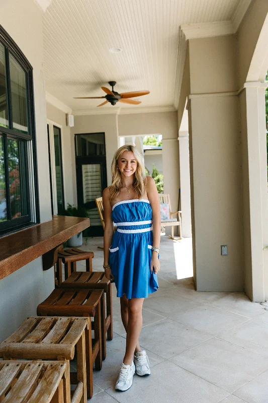 Danica Mini Dress - Blue/White Elegant Off-Shoulder Dress Mini