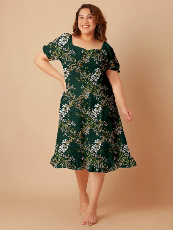 Dark Green Tropical Print A-Line Midi Dress Fashionable High-Low Midi Dress