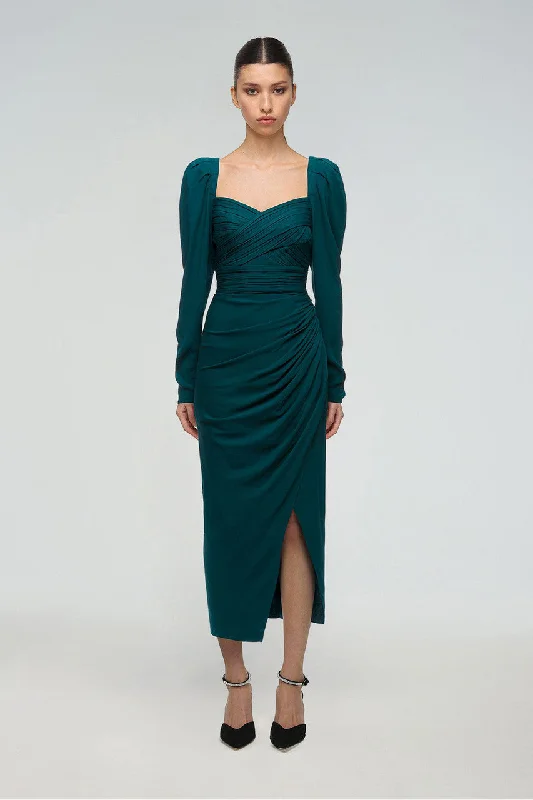 Deep Teal Stretch Crepe Midi Dress Trendy Square Neck Midi Dress