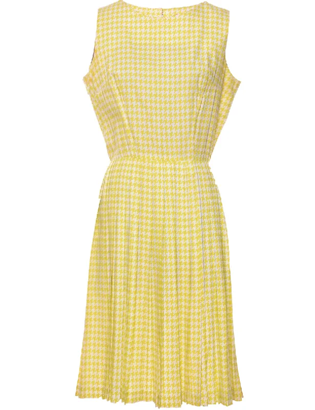 Dogtooth Design Yellow & White 1950s Midi Dress - M Comfortable Casual Midi Dress