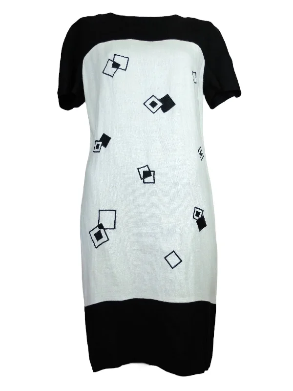 Vintage 90s Liz Claiborne Black & White Geometric Square Patterned Short Sleeve Below-the-Knee Midi Dress | Size S-M Elegant Satin Slip Midi Dress