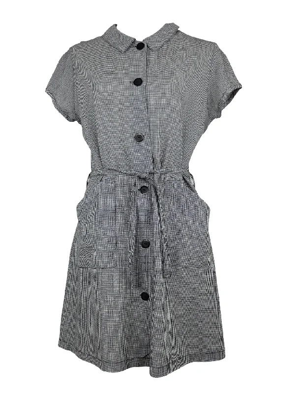 Vintage 2000s Y2K Feminine Chic Casual Black & White Gingham Check Print Collared Button Down Midi Dress with Belt Tie | Size M Fashionable One-Shoulder Midi Dress