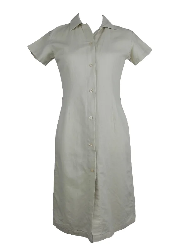 Vintage 90s Basic Solid Cream Tan Linen Blend Collared Short Sleeve Button Down Casual Summer Midi Dress | Size S Comfortable Empire Waist Midi Dress