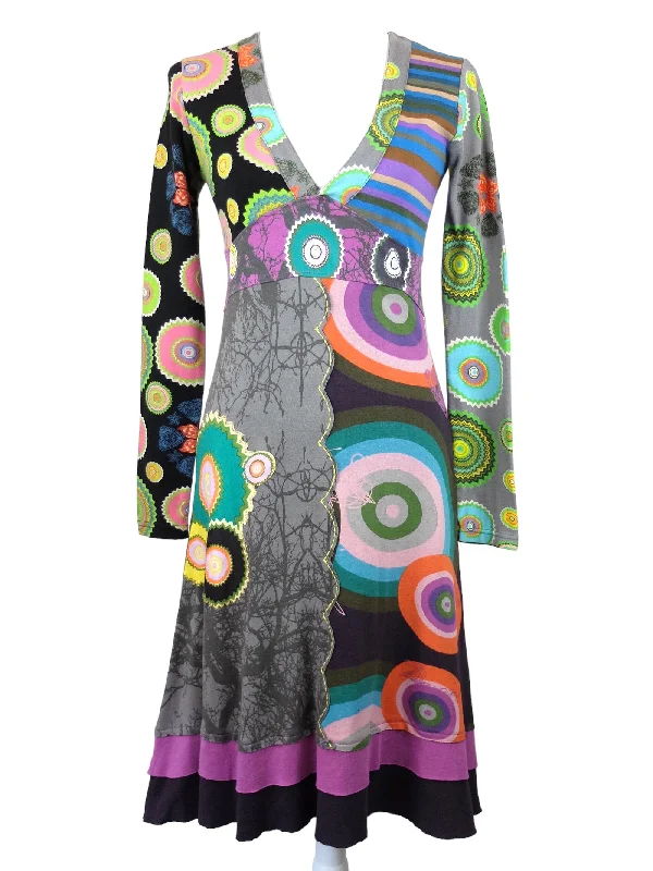 Vintage 2000s Y2K Desigual Abstract Patterned Long Sleeve V-Neck Fit & Flare Full Circle Midi Dress | Size S Trendy Tiered Hem Midi Dress