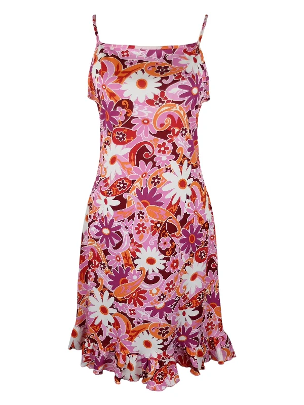 Vintage 90s Y2K Bohemian Hippie Pink Floral Paisley Print Sleeveless Spaghetti Strap Tank Below-the-Knee Ruffled Midi Dress | Size L Comfortable Lace-Up Midi Dress