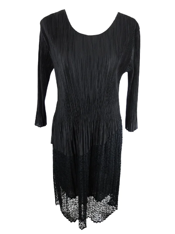 Vintage 2000s Y2K Chic Feminine Formal Solid Black Pleated Crinkle Long Sleeve Below-the-Knee Midi Dress with Lace Trim | Size XL-XXL Comfortable Stretch Midi Dress