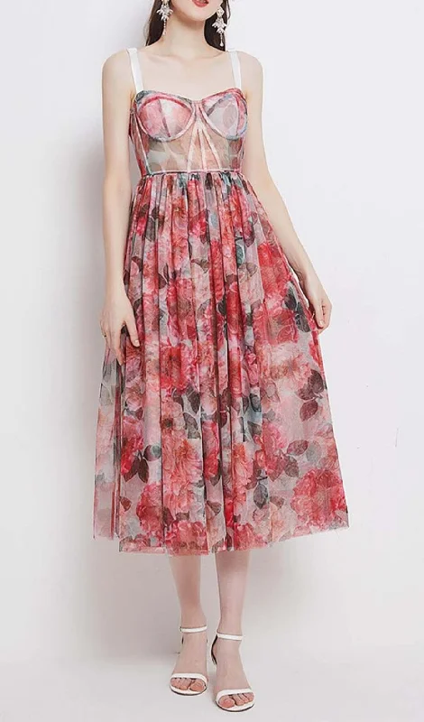 FLORAL-PRINT CORSET MIDI DRESS IN PINK Stylish Pleated Skirt Midi Dress