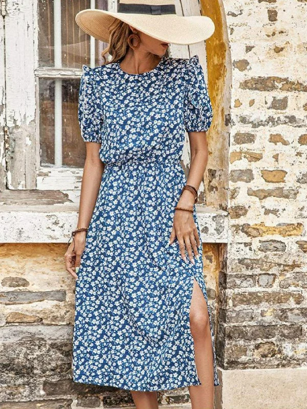 Floral Round Neck Split Midi Dress Trendy Off-Shoulder Ruffle Midi Dress