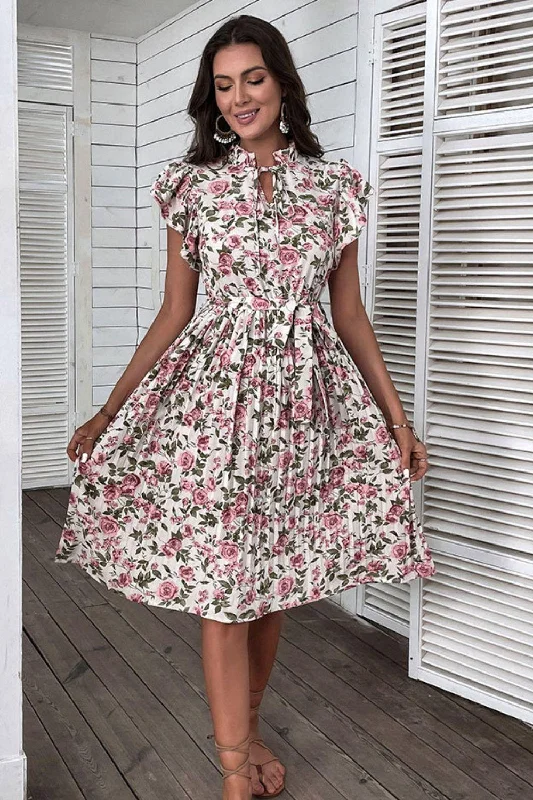 Floral Tie-Neck Flutter Sleeve Midi Dress Fashionable Shift Midi Dress