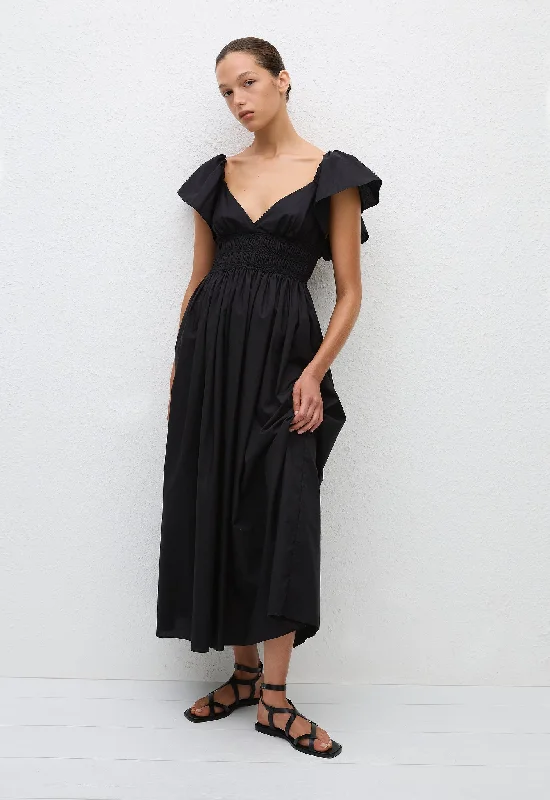 Flutter Sleeve Midi Dress - Black Trendy Fit-and-Flare Midi Dress