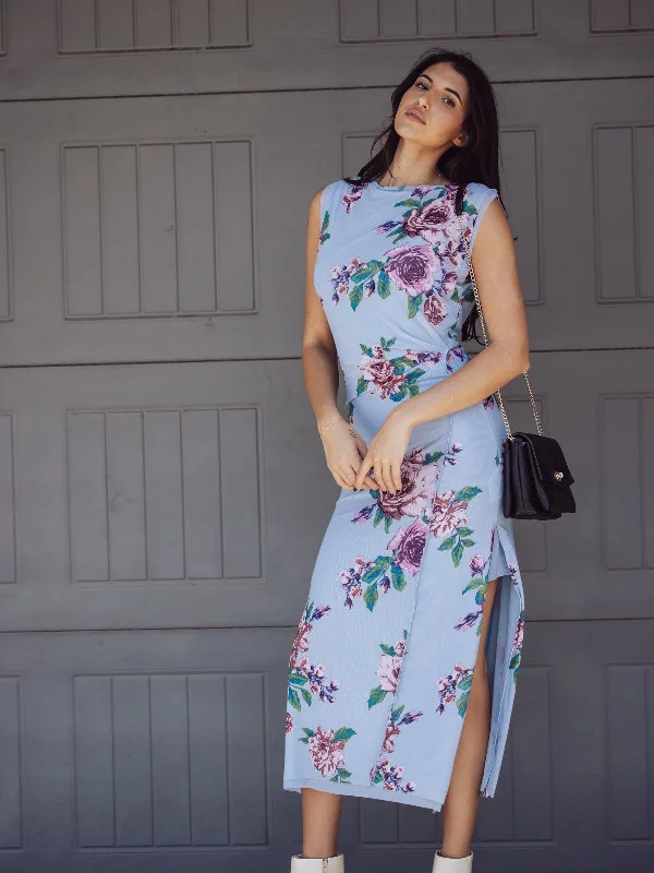 Free People Carmel Midi Dress - Blue Floral Elegant Puff Sleeve Midi Dress