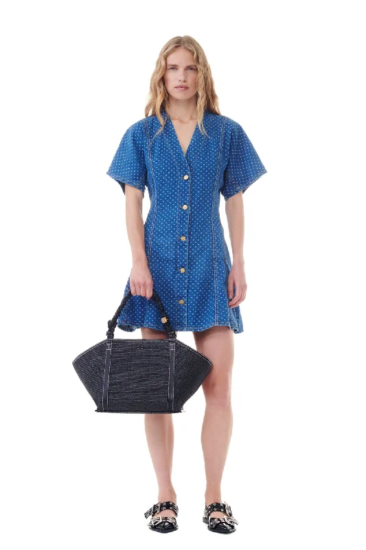 Ganni - Blue Polka Dot Denim Mini Dress Trendy Camisole Mini Dress