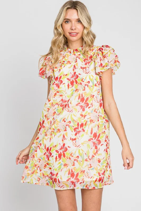 GeeGee Floral Short Sleeve Mini Dress Comfortable Zip-Up Mini Dress