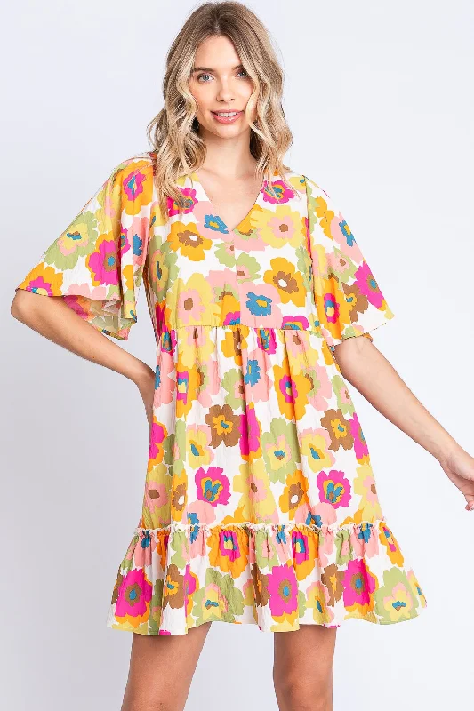 GeeGee Full Size Floral V-Neck Ruffle Trim Mini Dress Fashionable Summer Mini Dress