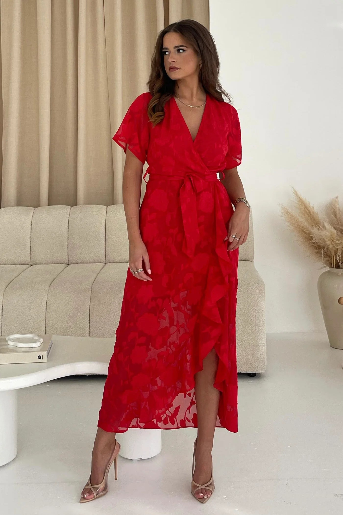 Girl In Mind Farren Wrap Hem Frill Detail Red Midi Dress Comfortable Short Sleeve Midi Dress