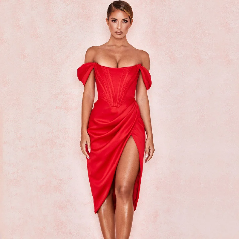 Glossy Satin Off Shoulder Draped Corset Cocktail Midi Dress - Red Comfortable Sleeveless Midi Dress Glossy Satin Off Shoulder Draped Corset Cocktail Midi Dress - Red Comfortable Sleeveless Midi Dress