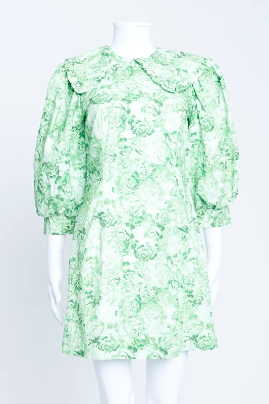 Green Cotton Poplin Floral Mini Dress Comfortable Casual Mini Dress