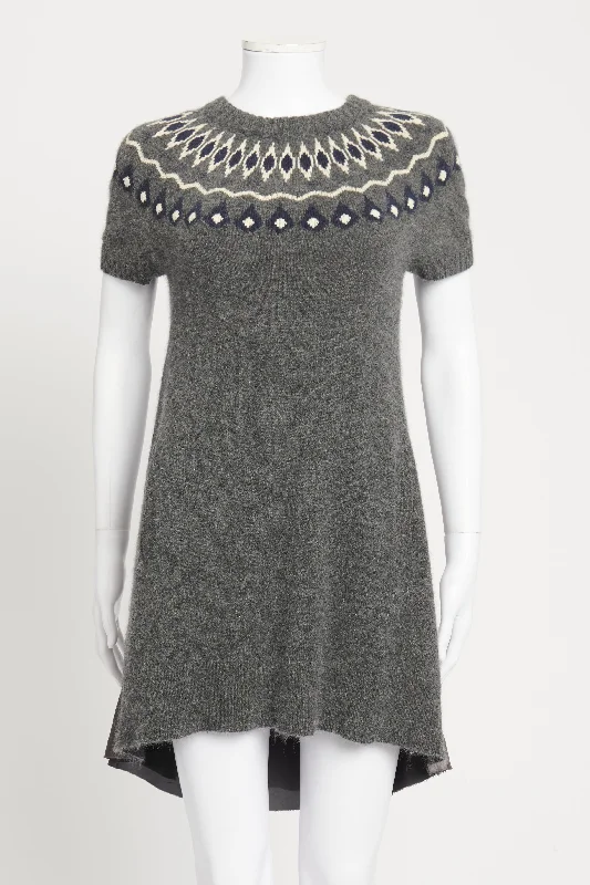 Grey Fair Isle Wool Blend Preowned Mini Dress Trendy Camisole Mini Dress