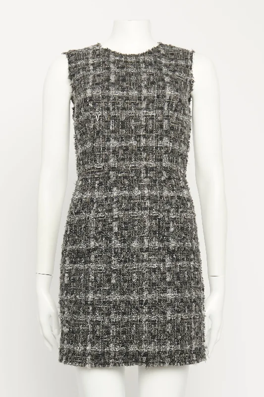 Grey Tweed Preowned Mini Dress Casual V-Neck Mini Dress