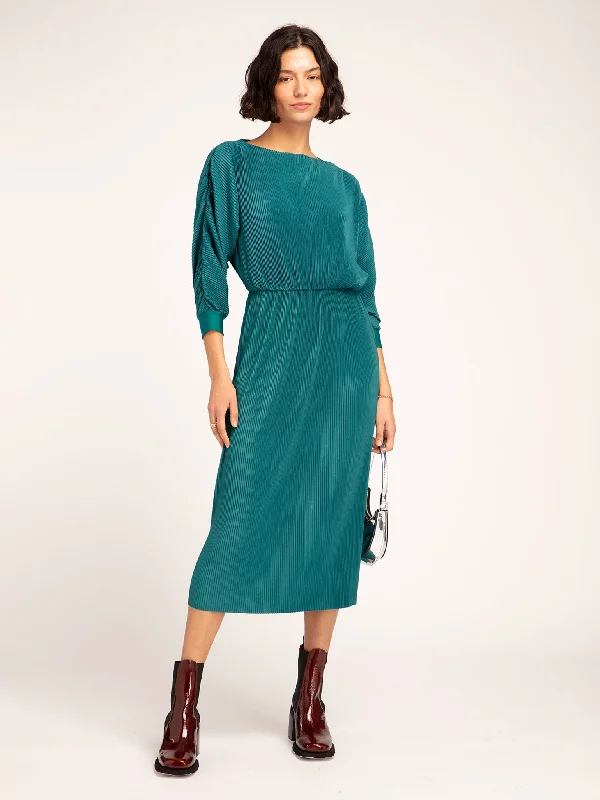 Hebe Midi Dress in Teal Elegant Satin Midi Dress