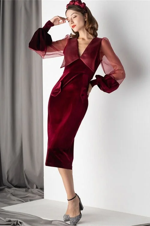 Illusion Long Sleeves Burgundy Velvet Midi Dress Comfortable Ribbed Midi Dress