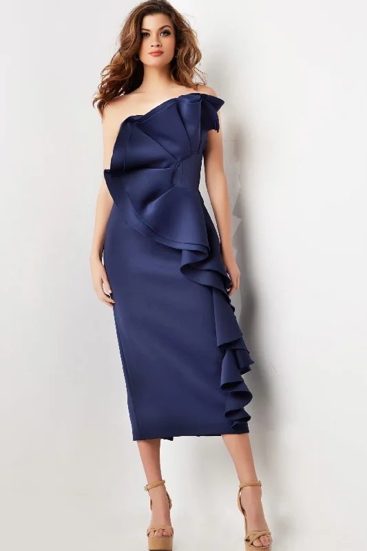 Jovani 38187 Short Mermaid Fit Ruffled Cocktail Midi Dress Comfortable Adjustable Strap Midi Dress Jovani 38187 Short Mermaid Fit Ruffled Cocktail Midi Dress Comfortable Adjustable Strap Midi Dress
