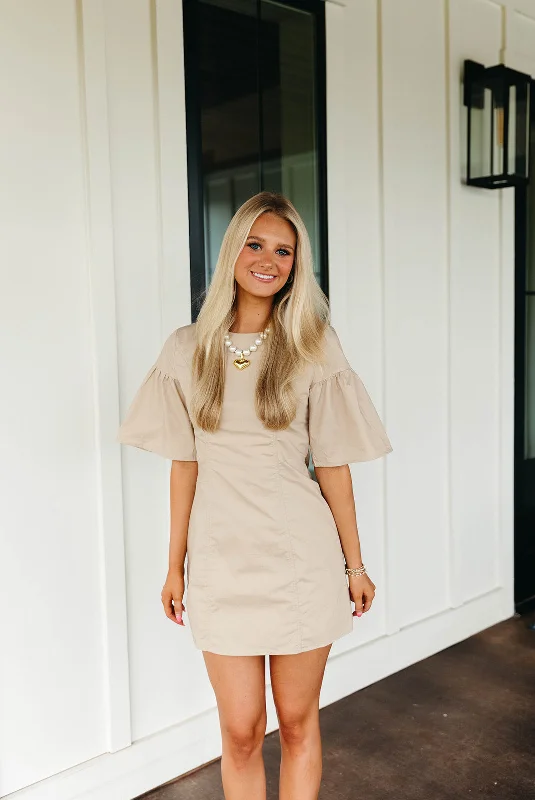 Keep It Simple Mini Dress - Taupe Elegant Silk Mini Dress